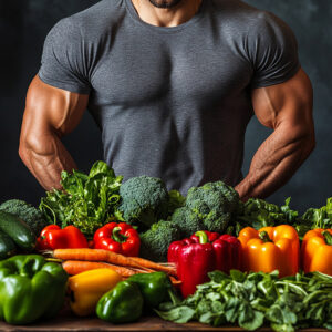 homme muscle devant les legumes