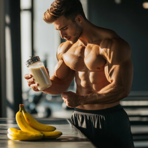 homme shaker de whey et banane